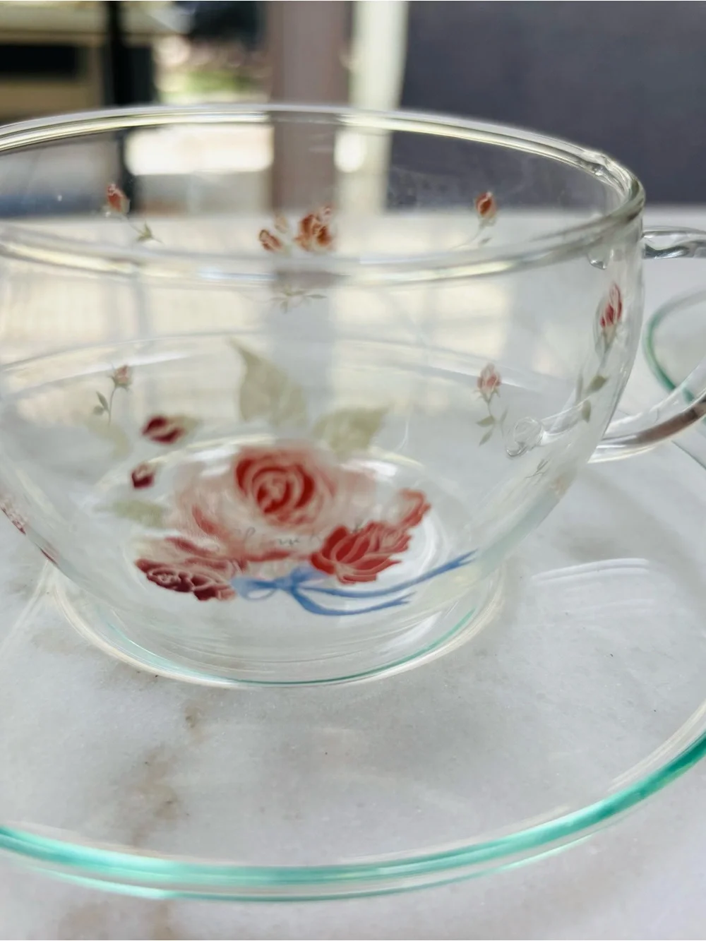 Made in Japan Clear Glass Teacup and Saucer Set with Red Rose Design
